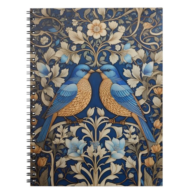 Carnet Deux Oiseaux Bleus Élégants William Morris Inspiré (Devant)