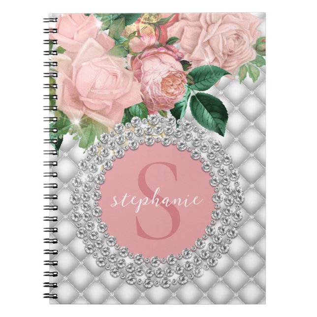 Carnet Diamants étincelants Rose Roses Monogramme (Devant)