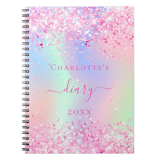 Carnet Diary parties scintillant rose holographique nom d (Devant)