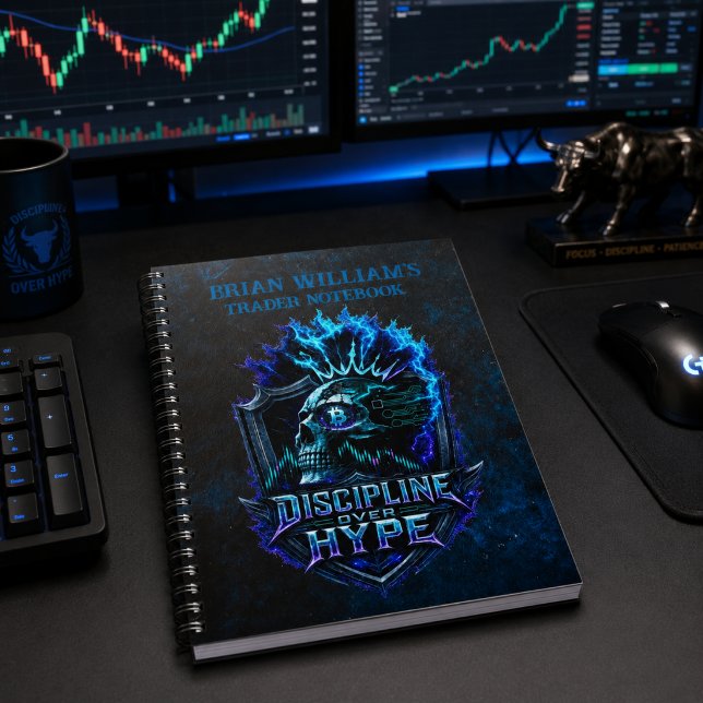 Carnet Discipline Plutôt que Battage Médiatique Bitcoin G (Personalized Trader Notebook – Discipline Over Hype Crypto Trading Illustration)