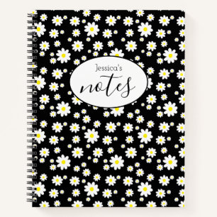 Carnet Ditsy Daisy Flower Motif Nom personnalisé Noir