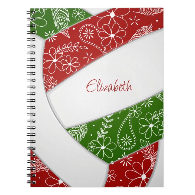 Carnet doodé floral rouge vert boho volleyball (Devant)