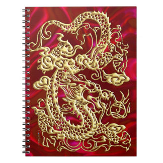 Carnet Dragon d'or embouti sur papier satin rouge