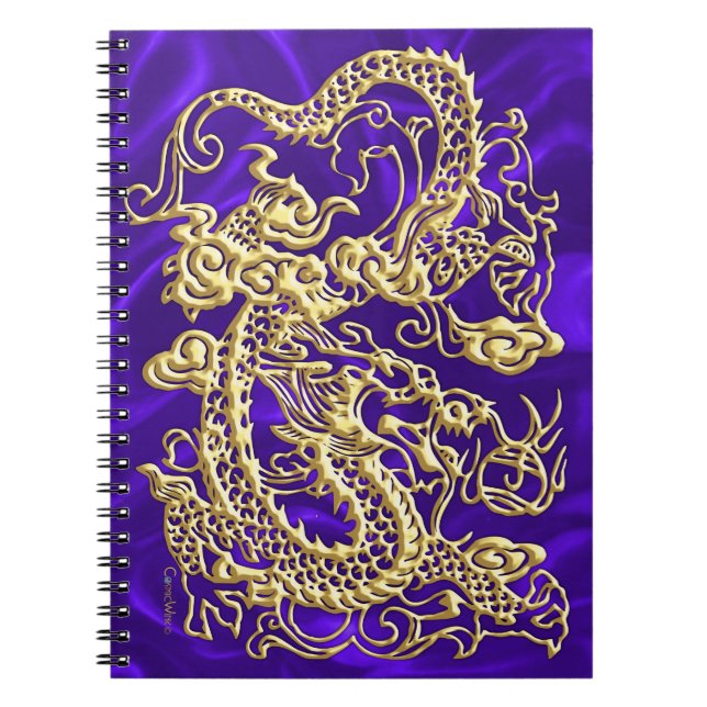 Carnet Dragon d'or embouti sur papier satin violet (Devant)