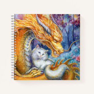 Carnet Dragon Feu et Chat Blanc dans une Forêt Mystique