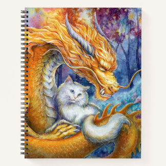 Carnet Dragon Feu et Chat Blanc dans une Forêt Mystique