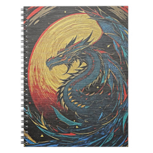 Carnet Dragon mythique soleil gravure sur bois
