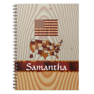 Carnet Drapeau et carte en bois américain