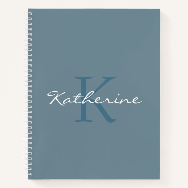 Carnet Dusty Blue Modern Script Nom Monogrammé (Devant)