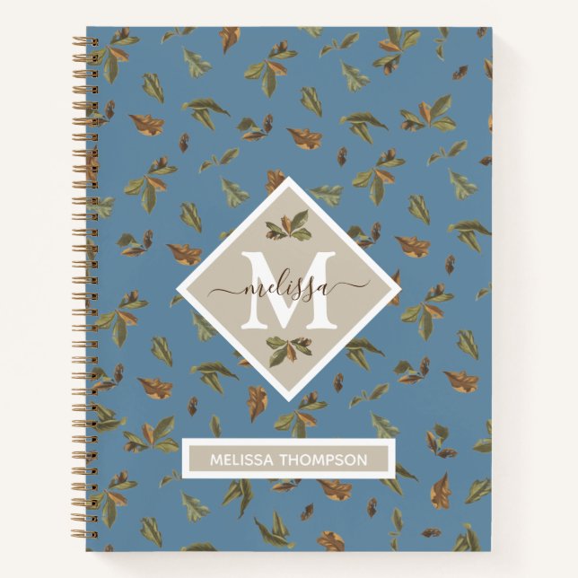 Carnet Dusty Blue Rustic Feuilles Brown Monogramme (Devant)