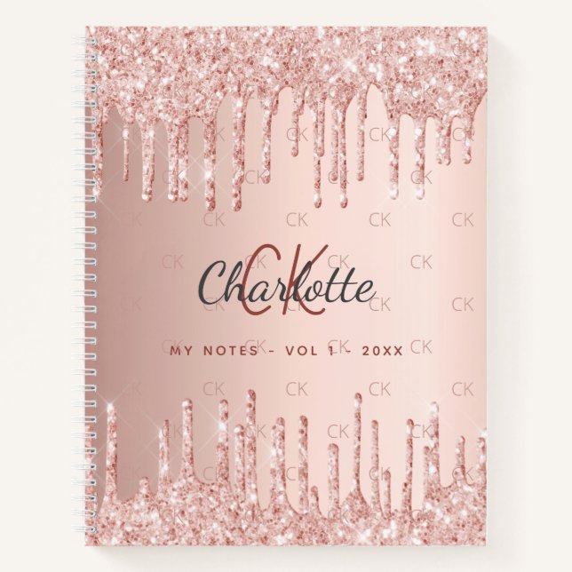 Carnet Écriture monogramme rose parties scintillant or go (Devant)