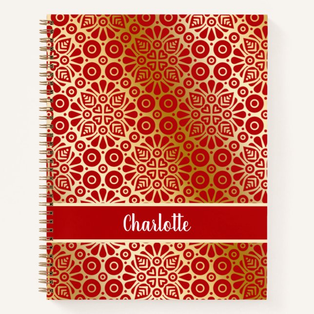 Carnet Écriture motif orientale en or rouge monogramme (Devant)
