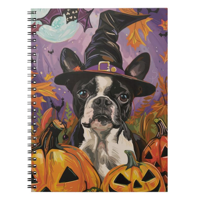 Carnet Éffrayant Boston Terrier Halloween Witch Et Citrou (Devant)