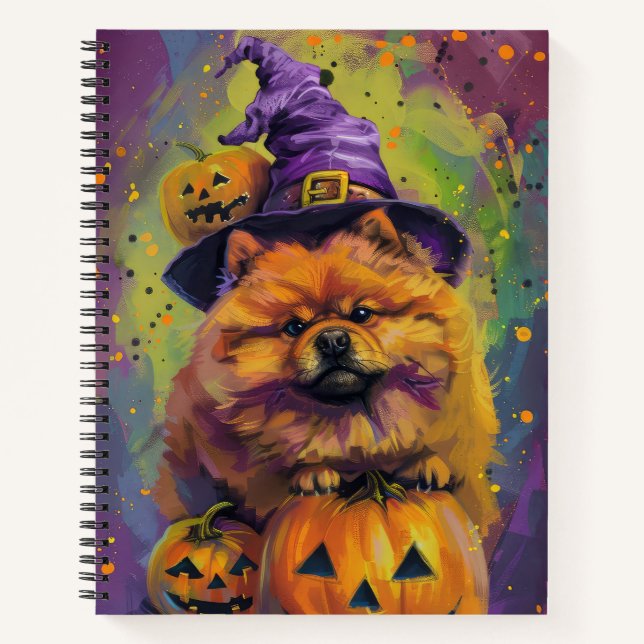 Carnet Éffrayant Chow Chow Chien Halloween sorcière et Ci (Devant)