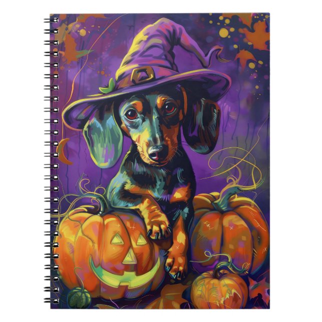 Carnet Éffrayant Dachshund Chien Halloween sorcière et Ci (Devant)