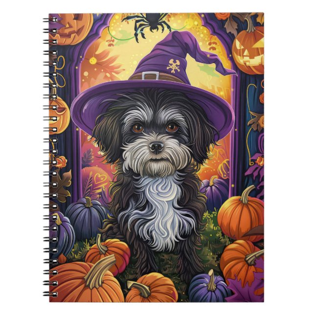 Carnet Éffrayant Havanais Chien Halloween sorcière et Cit (Devant)