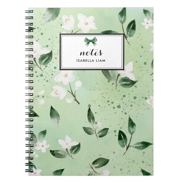 Carnet Elégant Aquarelle Verdure Fleurs blanches Motif (Devant)