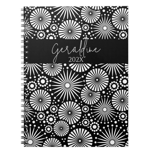 Carnet Elegant Black White Geometric Starburst Name  (Devant)