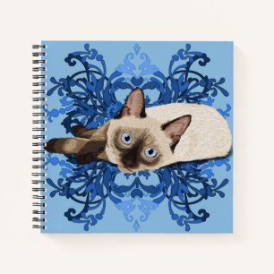 Carnet Elégant bleu floral chat siamois jolie féline