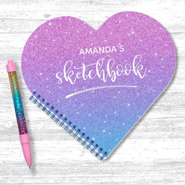 Carnet Elégant bleu violet ombre Parties scintillant Sket (A cute purple and blue glitter heart shaped sketchbook. Personalize it with your name.)
