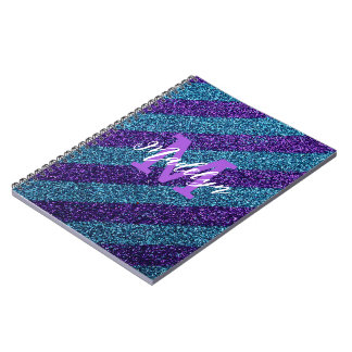 Carnet Elegant Blue &Purple Glitter Monogram Name 