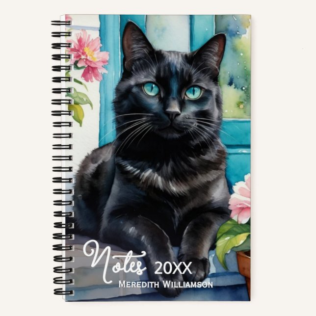 Carnet Elégant Chat noir Aquarelle Art Personnalisé (Recto)