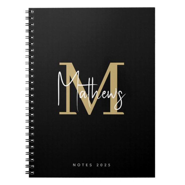 Carnet Élégant Chic Black Gold White Monogramme Nom (Devant)