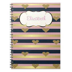 Carnet Élégant Chic  Cœurs Pailletés Faux Or Sur Rayures