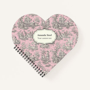 Carnet Élégant coeur vintage rose noir toile de jouy