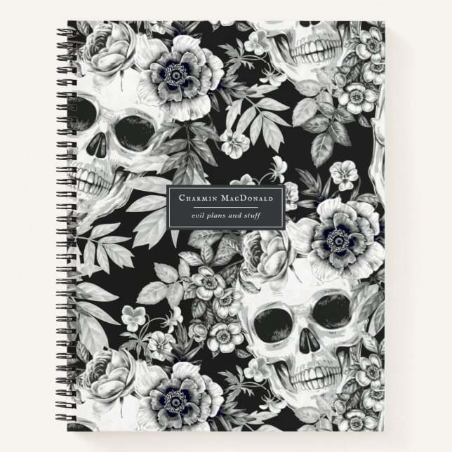 Carnet Elégant crâne floral foncé sur noir Personnalisé (Devant)