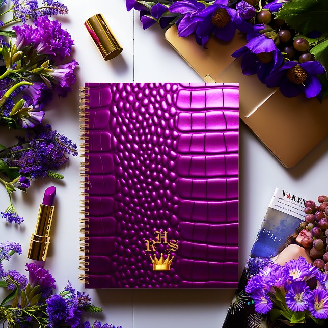 Carnet Élégant Crocodile Vivid Violet Faux Monogramme (Glossy Faux Purple Croc Notebook /Glossy Soft Cover or Matte Hard Cover )