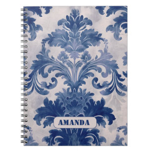 Carnet Élégant damassé Bleu toile de jouy monogramme