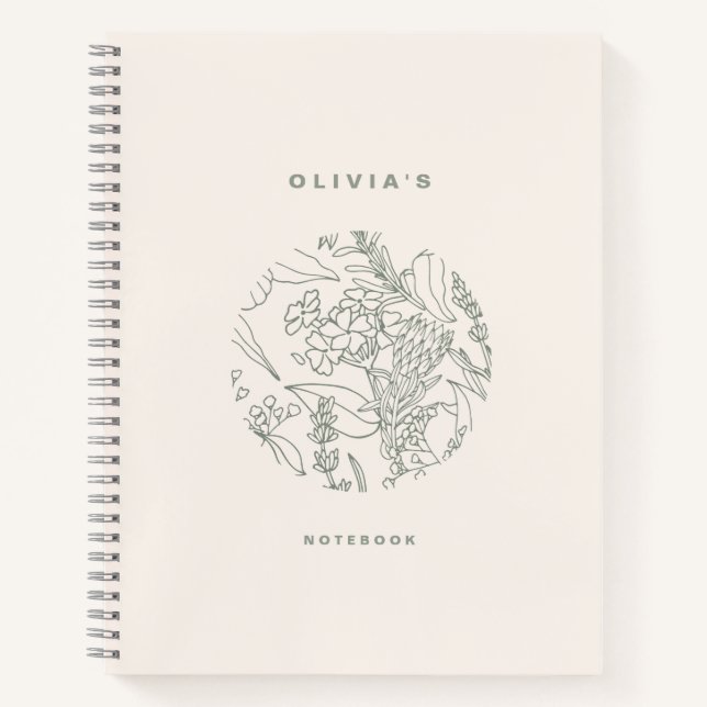 Carnet Elegant Ecru Sage Green Flowers Herbes Spiral (Devant)
