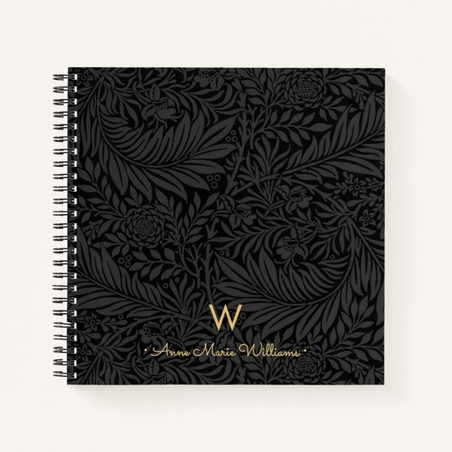 Carnet Elegant Gold Monogram Name Black Floral Pattern (Devant)
