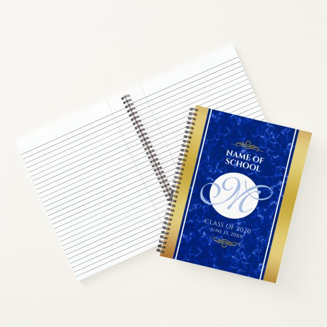 Carnet Élégant Graduation Monogramme Bleu Marbre Or Huile (Intérieur)
