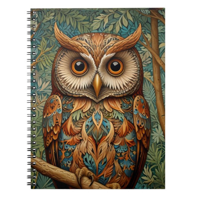 Carnet Elégant hibou rétro boho art déco forêt verdure (Devant)