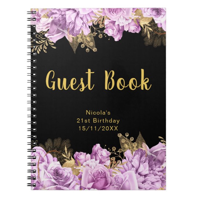 Carnet Elegant Lilac and Gold Flowers Birthday Guest Book (Devant)