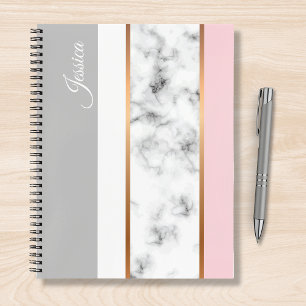 Carnet Élégant Marbre blanc gris rose Nom personnalisé