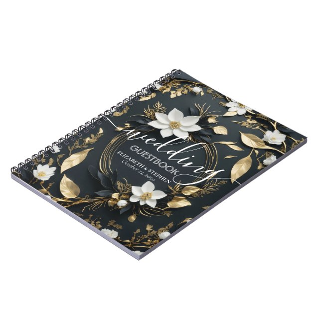 Carnet Élégant Mariage de couronnes florales noir blanc e (Côté gauche)