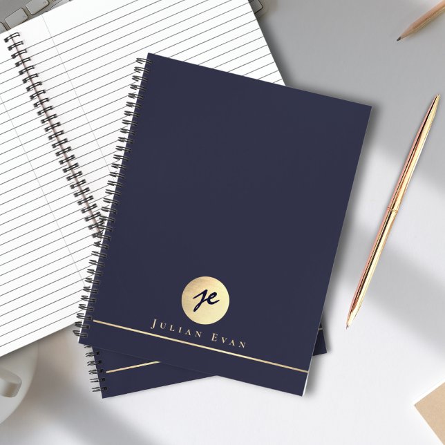 Carnet Elégant Marine Blue Gold Monogramme Executive Spir (Elegant Navy Blue Gold Monogram Executive Spiral Notebook)