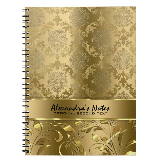 Carnet Élégant métal monochromatique or Damas & dentelle (Devant)