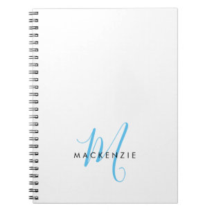 Carnet Élégant Moderne Ciel Blanc Bleu Monogramme Script