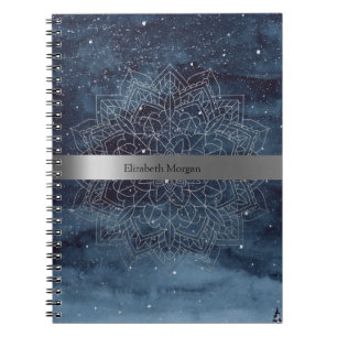 Carnet Elégant moderne en argent Mandala Stripe Navy bleu