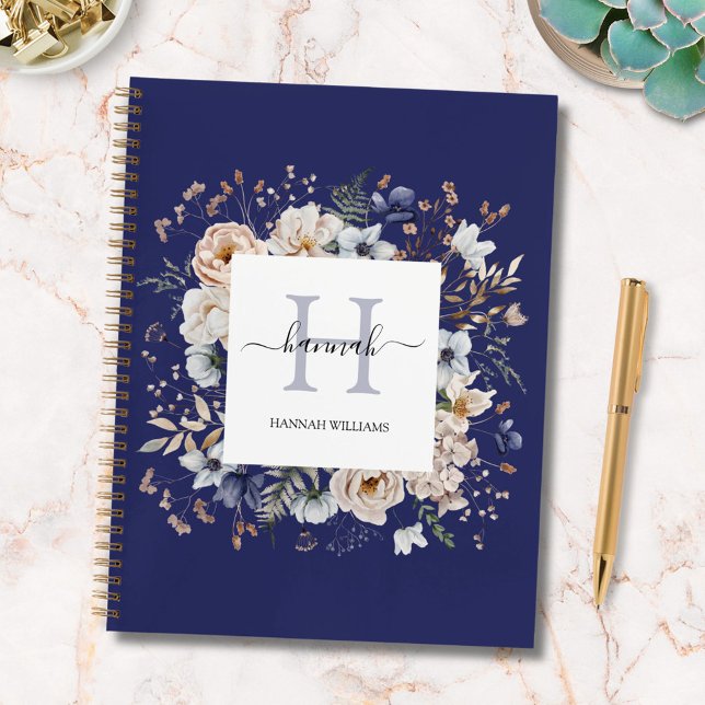 Carnet Elegant Monogram Pretty Beige Blue Flowers Floral (In situ)
