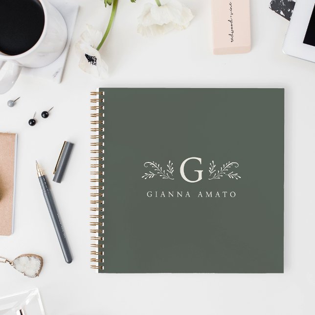 Carnet Élégant Monogramme botanique vert et nom (Créateur téléchargé)