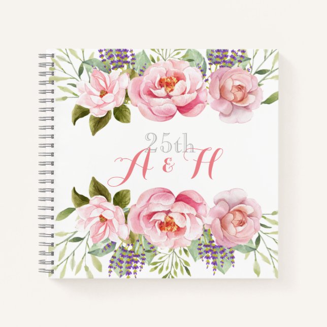 Carnet Élégant monogramme de couronne de fleurs rose 25e  (Devant)