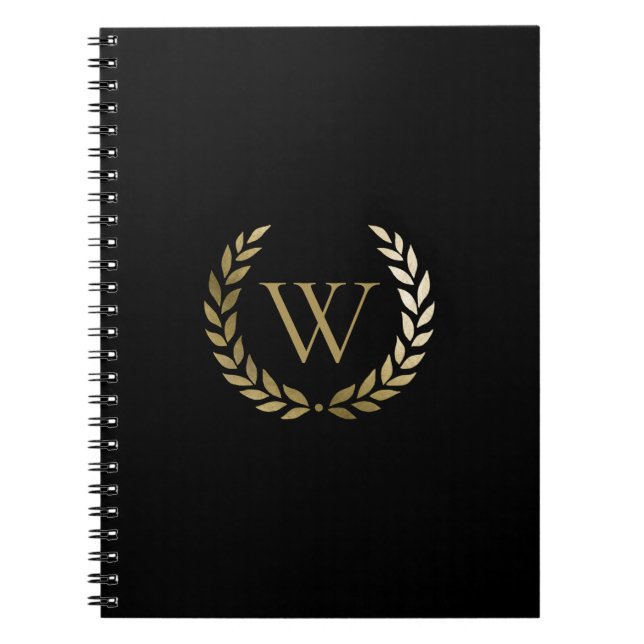 Carnet Élégant monogramme de couronne de laurier d'or noi (Devant)