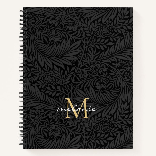 Carnet Élégant Monogramme d'or floral noir (Devant)