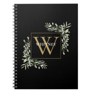 Carnet Élégant monogramme doré Eucalyptus Verdure Noir