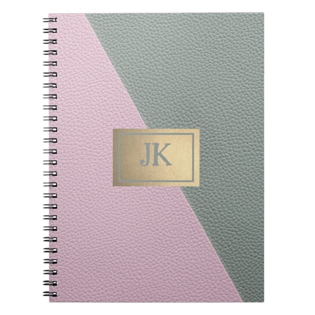 Carnet Élégant Monogramme en cuir rose vert (Devant)